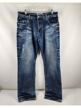 Born Fly Jeans Mens 36x34 Blue Anytown USA Button Fly Distressed Denim